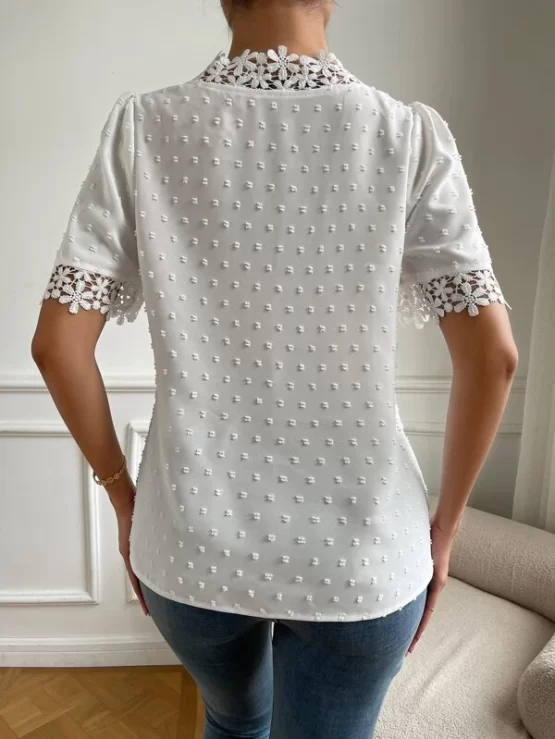 Swiss Dot Contrast Guipure Lace Puff Sleeve Blouse - Image 3