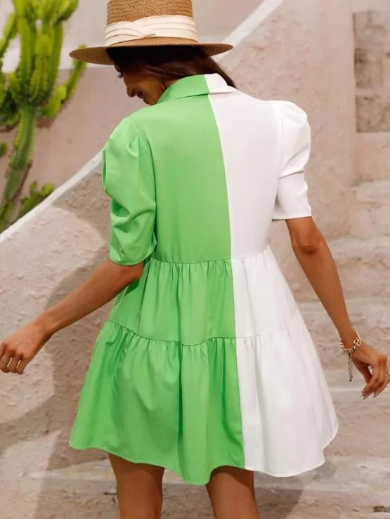 Two Tone Button Through Ruffle Hem Puff Sleeve Shirt Dress - Image 3