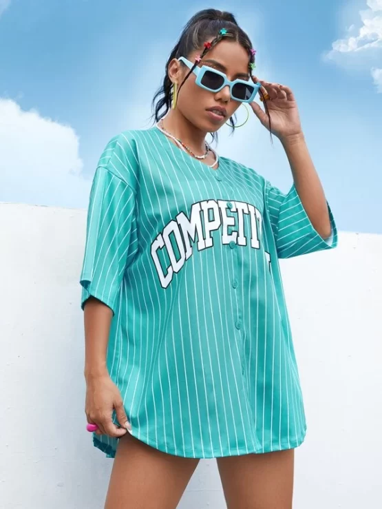 Letter Casual Graphic Striped Drop Shoulder Tee - Image 4