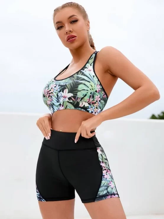 Tropical Print Racer Back Mesh Panel Sports Set - Image 3