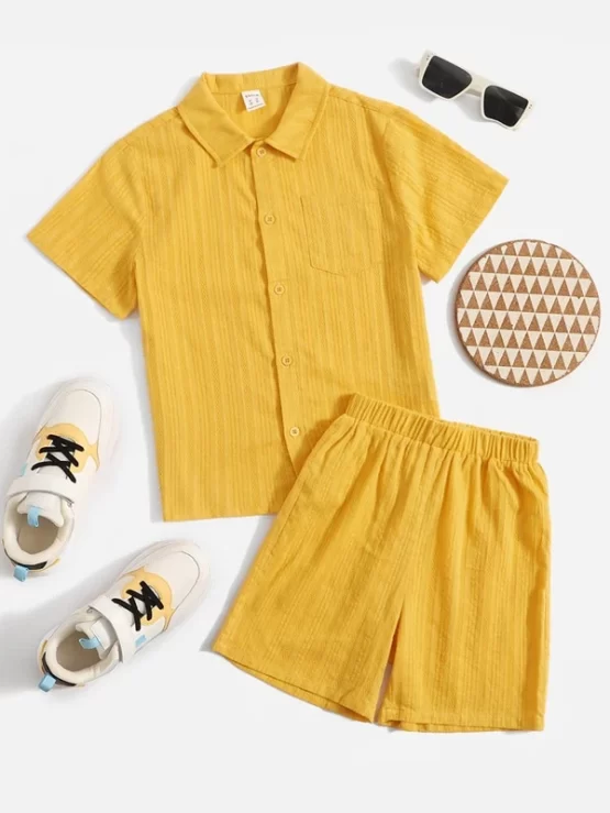 Boys Solid Pocket Button Front Patched Shirt & Shorts - Image 3