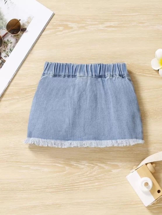 Baby Ripped Raw Hem Button Front Cut Denim Skirt - Image 3