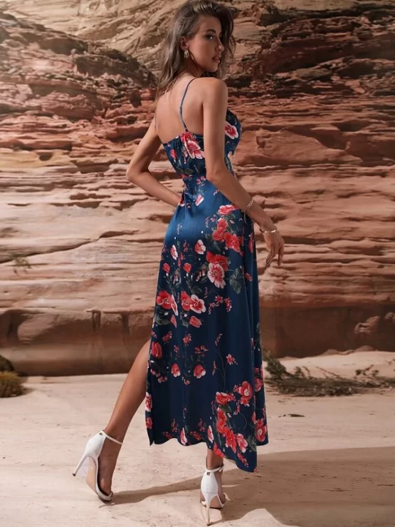 Floral Print Knot Front Split Thigh Satin Cami Dress - Image 5