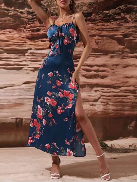 Floral Print Knot Front Split Thigh Satin Cami Dress - Image 4