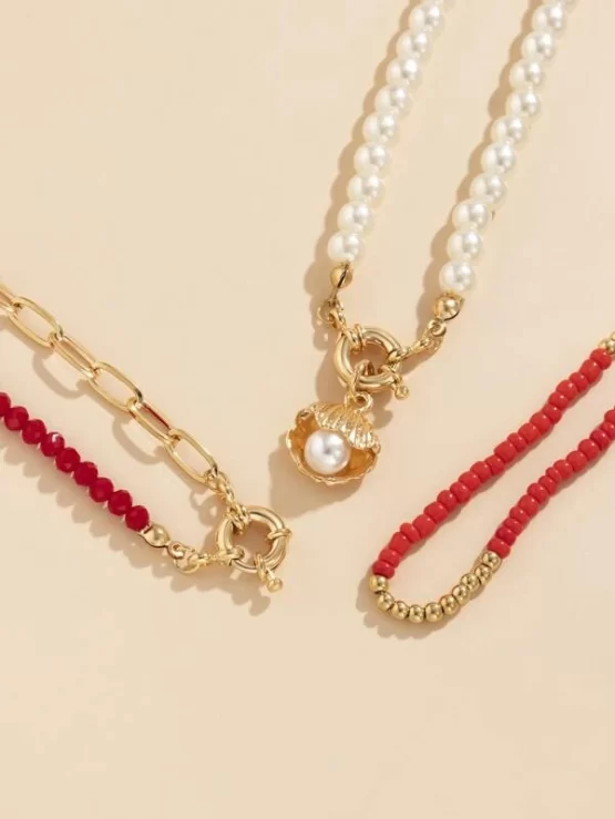 Three Pieces Faux Pearl Decor Shell Charm Necklace - Image 3