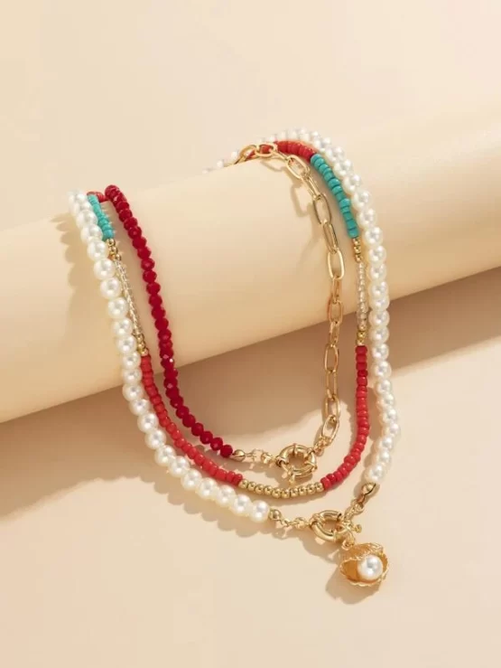 Three Pieces Faux Pearl Decor Shell Charm Necklace - Image 2