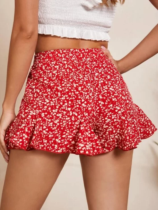 Plant Print Knotted Ruffle Hem Wrap Skort - Image 2