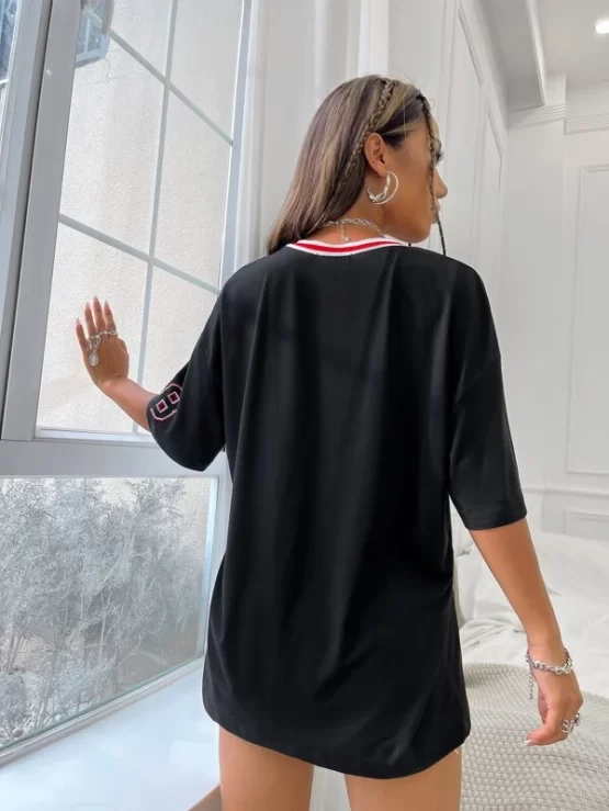 Letter Graphic Striped Trim Drop Shoulder Tee - Image 2