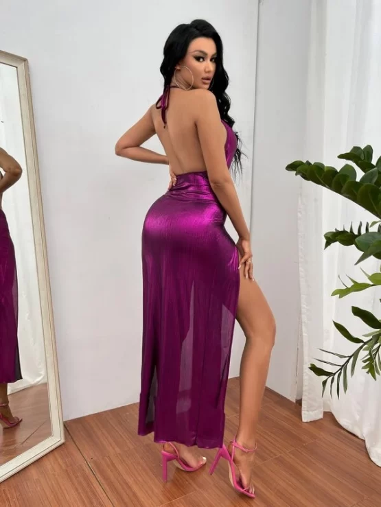 Draped Split Thigh Tie Metallic Halter Backless Dress - Image 2