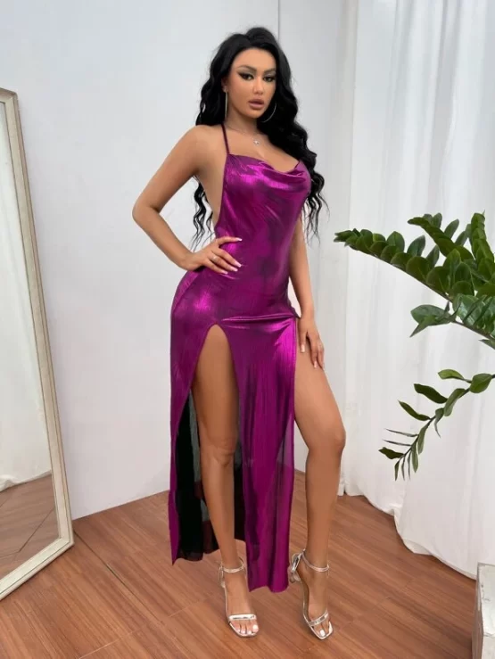 Draped Split Thigh Tie Metallic Halter Backless Dress - Image 3