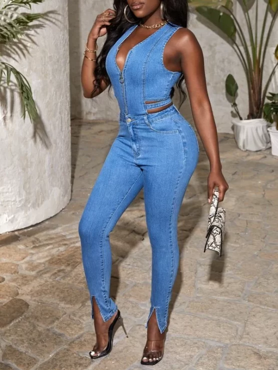 Cut Out Zipper Front Split Hem Denim Skinny Jumpsuit - Image 2