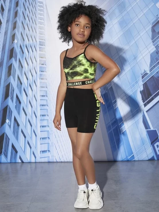 Girls Tie Dye Contrast Letter Tape Textured Cami Top & Biker Shorts - Image 2