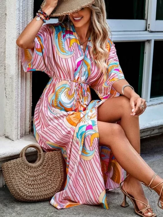 Graphic & Striped Frill Pearls Split Hem Batwing Sleeve Dress - Image 2