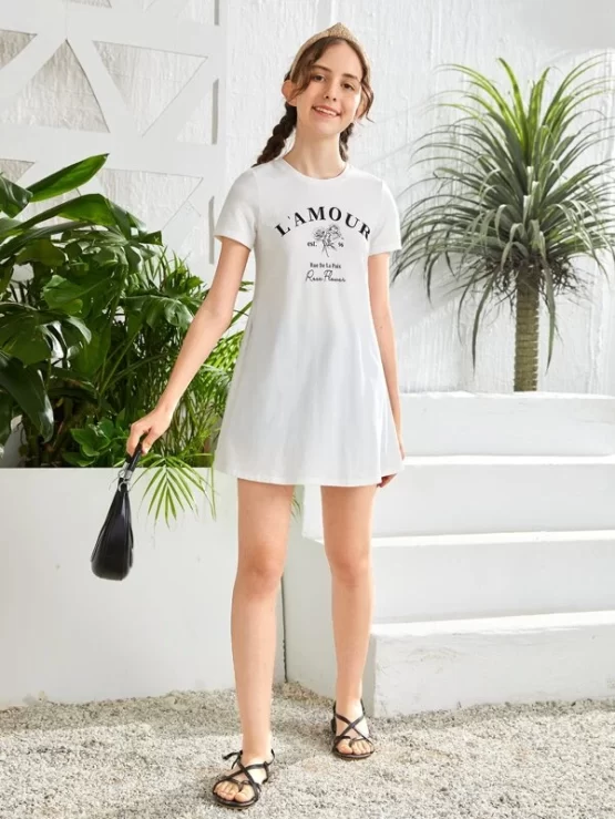 Teen Girls Slogan & Floral Print Split Side Front Tee - Image 2