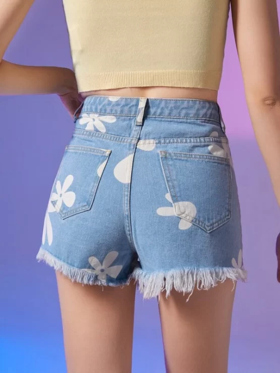 Teen Girls Floral Print Raw Hem Denim Shorts - Image 3