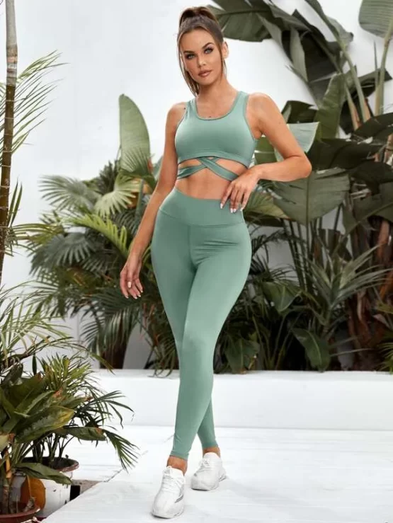 Criss Cross Front Cut Out Knot Back Sports Set - Image 2