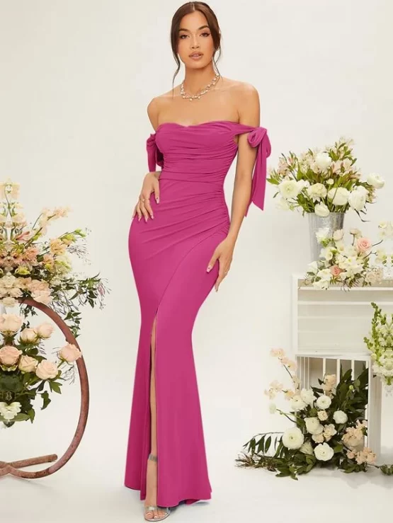 Off Shoulder Knot Side Ruched Wrap Bridesmaid Hem Dress - Image 7