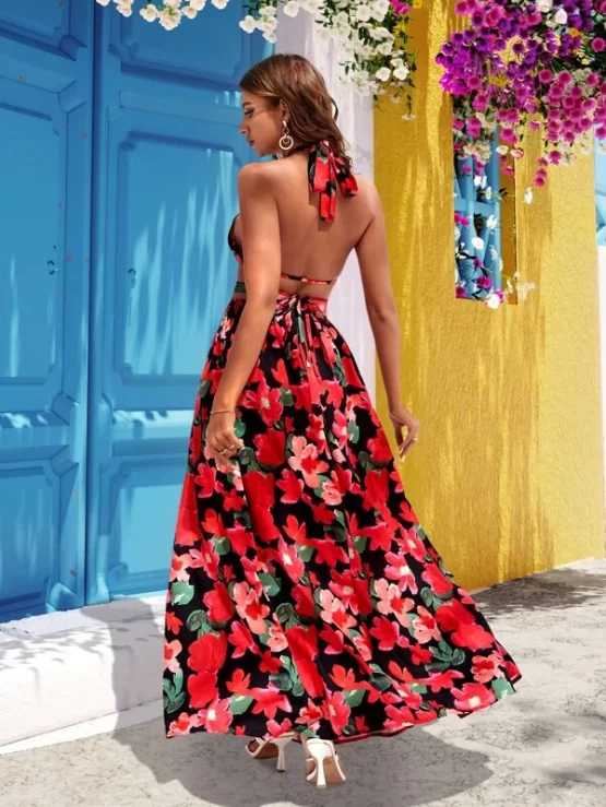 Floral Print Tie Backless Halter Top & Split Thigh Skirt - Image 3