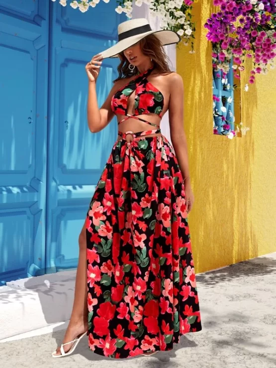 Floral Print Tie Backless Halter Top & Split Thigh Skirt - Image 2
