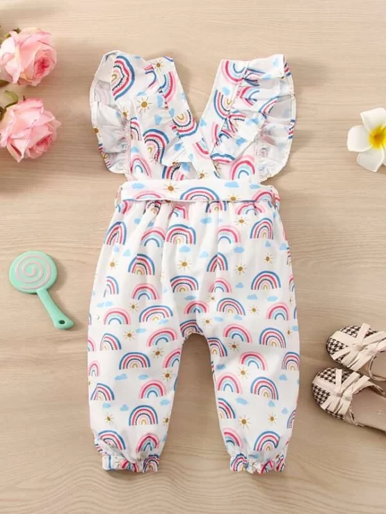 Baby Rainbow & Sun Print Ruffle Trim Overall Jumpsuit - Image 2
