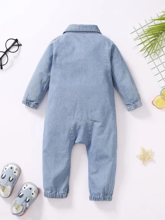 Baby Cartoon Flap Pocket Denim Graphic Jumpsuit - Image 2