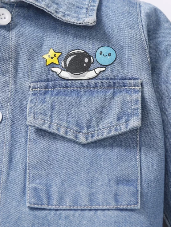 Baby Cartoon Flap Pocket Denim Graphic Jumpsuit - Image 3