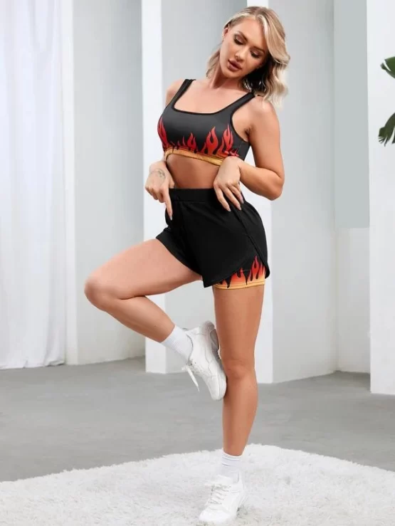 Fire Print Straps Shorts 2 In 1 Sports Set - Image 3