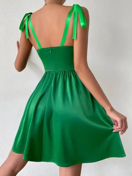 Tie Shoulder Bustier Knot Zipper Satin Cami Dress - Image 3