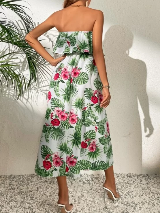 Tropical Print Ruffle Trim Split Thigh Tube Dress - Image 3