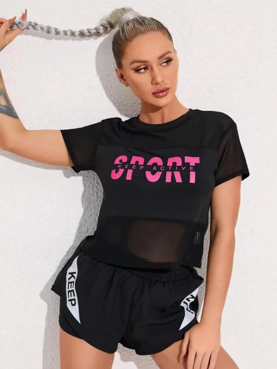 Slogan Graphic Letter Mesh Insert Sports Tee - Image 3