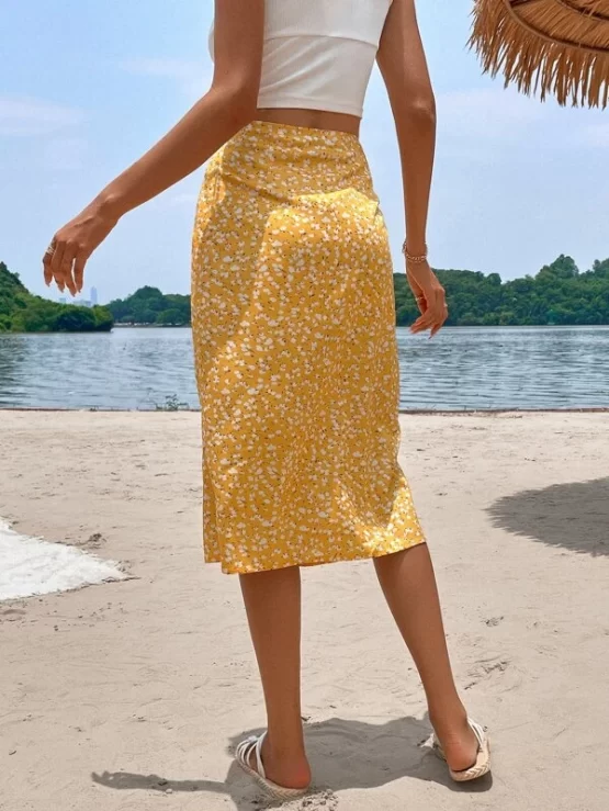 Ditsy Floral Button Split Thigh Side Print Skirt - Image 3