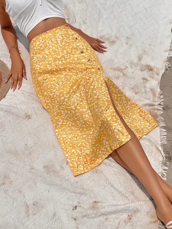 Ditsy Floral Button Split Thigh Side Print Skirt - Image 2