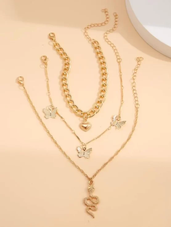 Three Pieces Snake & Butterfly Charm Anklet - Image 2