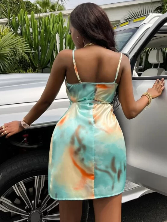 Random Tie Dye Knot Side Wrap Satin Cami Dress - Image 3