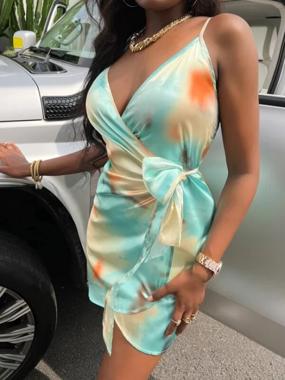 Random Tie Dye Knot Side Wrap Satin Cami Dress - Image 2