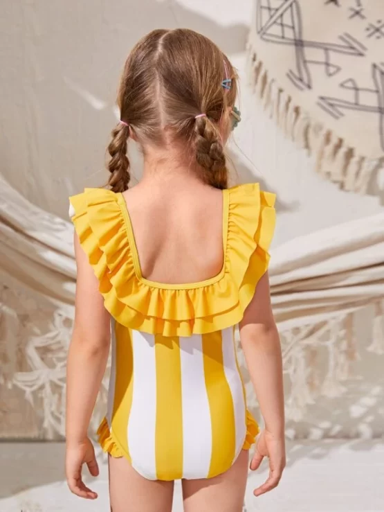 Toddler Girls Block Stripe Print Layered Ruffle Trim One Piece Swimsuit - Image 2