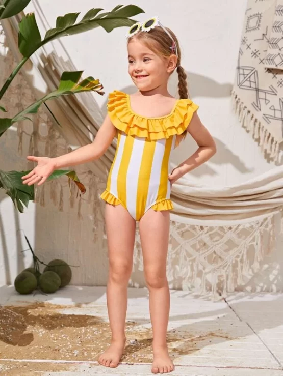 Toddler Girls Block Stripe Print Layered Ruffle Trim One Piece Swimsuit - Image 3