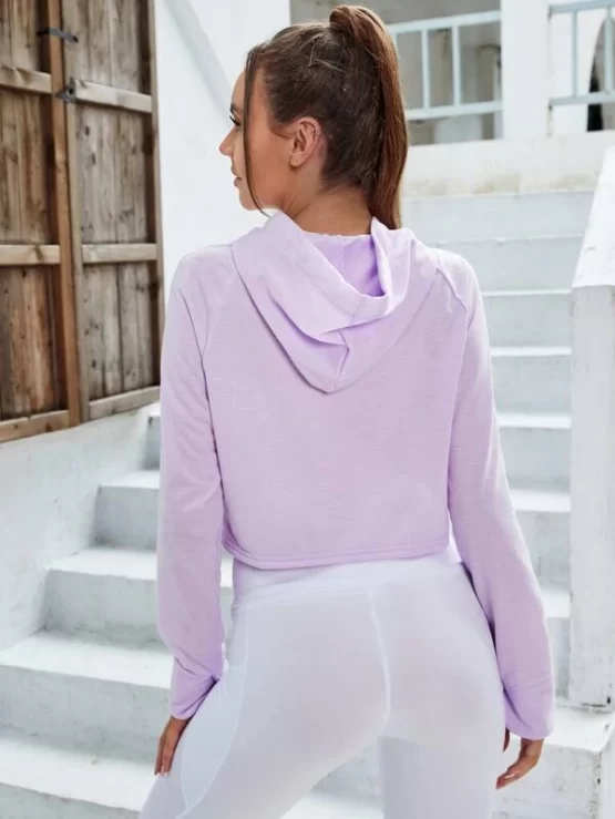 Cut Out Raglan Sleeve Drawstring Crop Sports Hoodie - Image 3