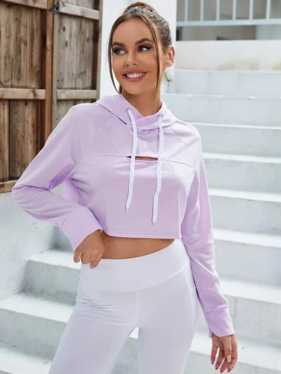 Cut Out Raglan Sleeve Drawstring Crop Sports Hoodie - Image 2