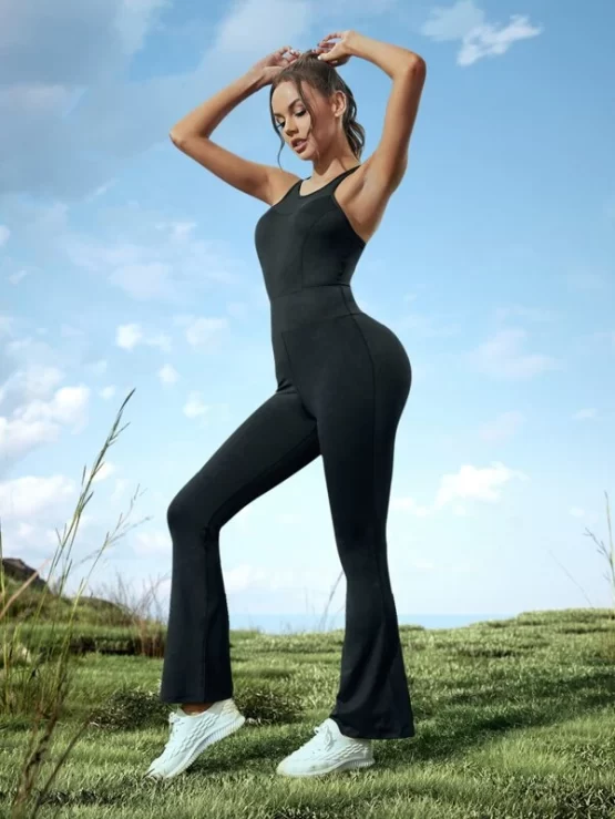 Criss Cross Backless Mesh Insert Flare Leg Sports Jumpsuit - Image 2