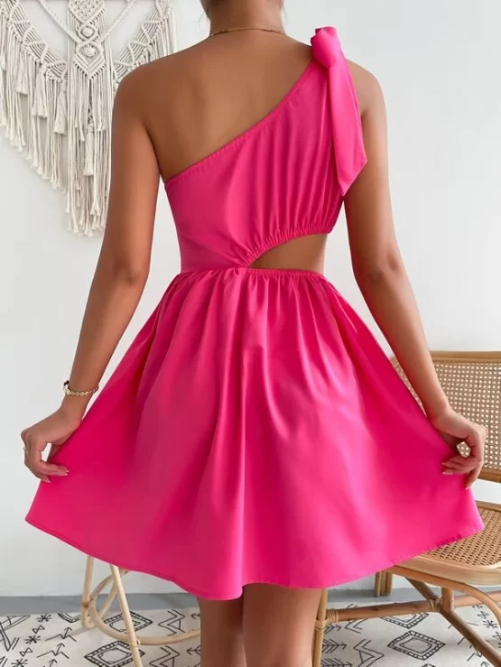 Knot Cut Out Hot Plain One Shoulder Dress - Image 3