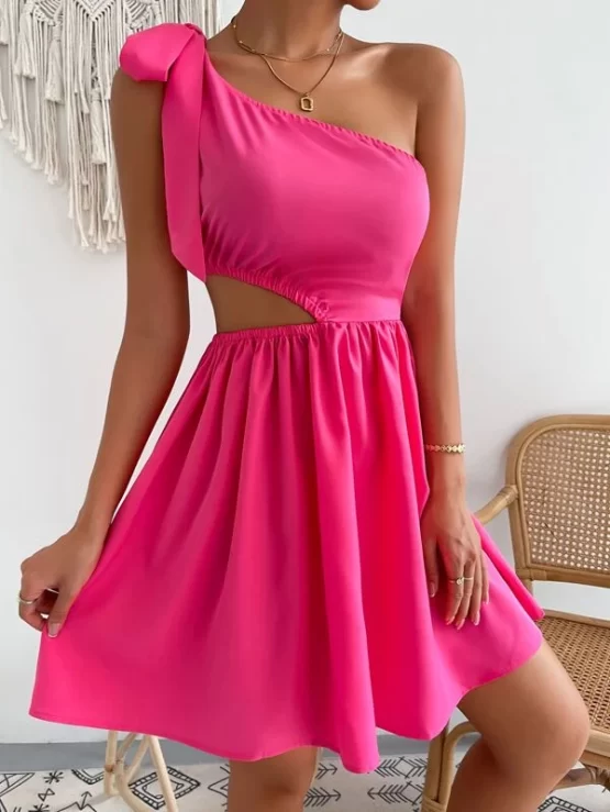 Knot Cut Out Hot Plain One Shoulder Dress - Image 2