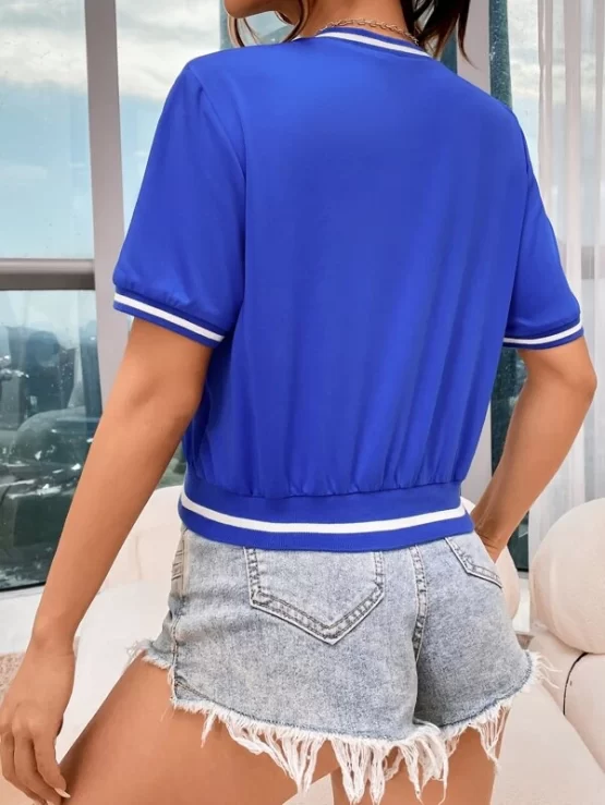 Letter Striped Crop Sporty Graphic Ringer Tee - Image 2
