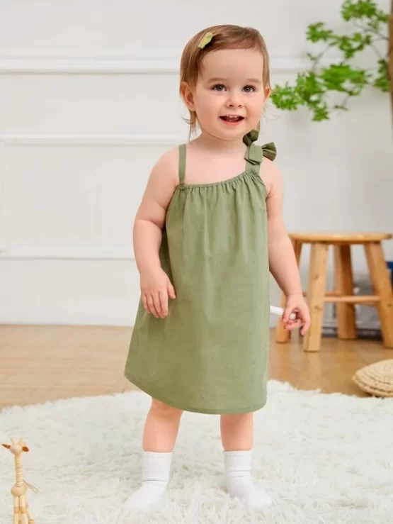 Baby Asymmetrical Neck Bow Detail Cami Dress - Image 2