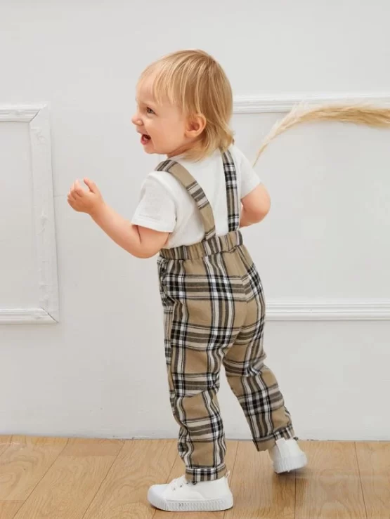 Baby Casual Plaid Print Suspender Pocket Pants - Image 2