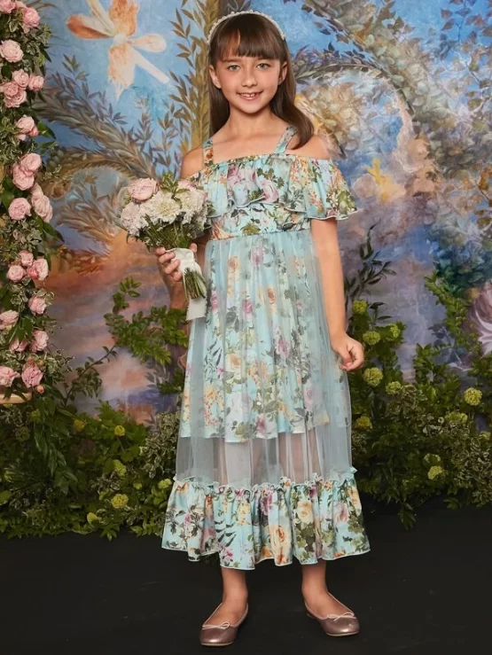 Girls Floral Print Cold Shoulder Mesh Dress - Image 2