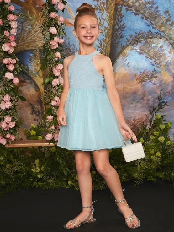 Girls Floral Jacquard Bow Organza Halter Back Dress - Image 3