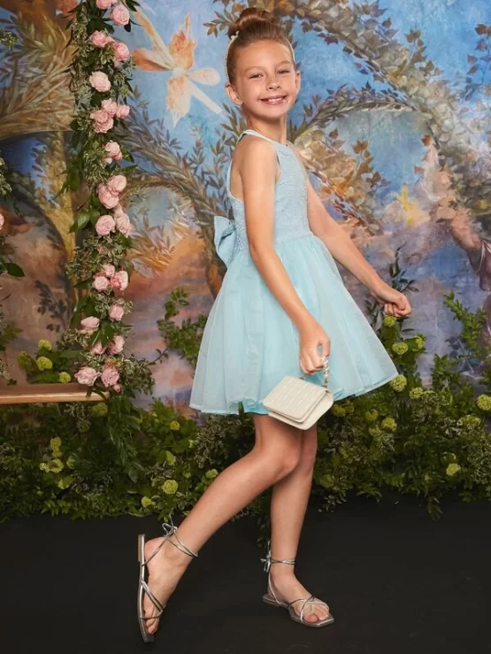 Girls Floral Jacquard Bow Organza Halter Back Dress - Image 2