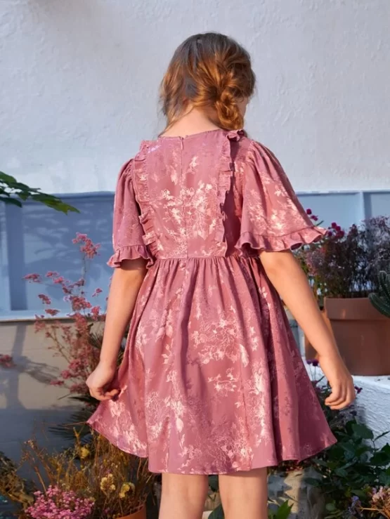 Girls Floral Jacquard Ruffle Trim Puff Sleeve Dress - Image 2
