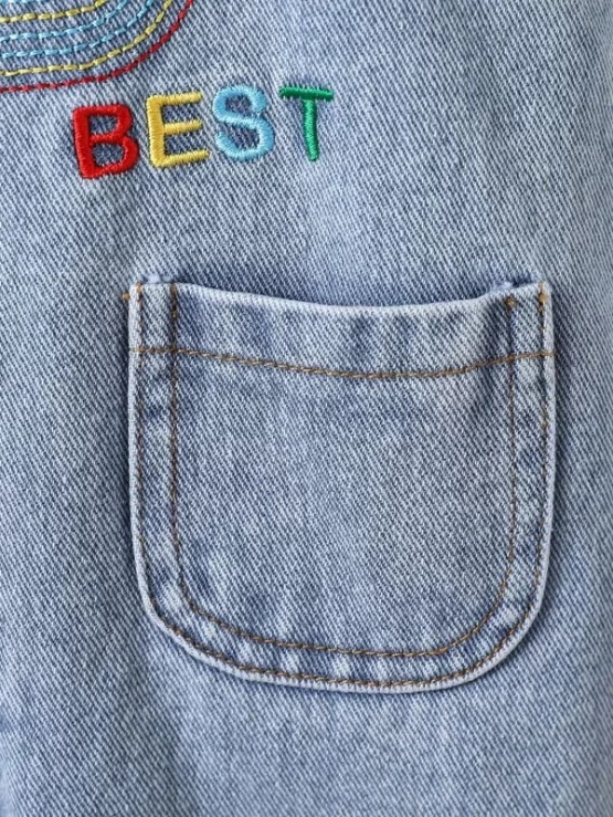 Baby Letter Embroidery Pocket Patched Denim Romper - Image 3
